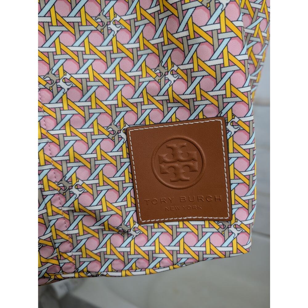 Tory Burch Printed Nylon Tote Rose Basketweave Geometric Bag - Picture 10 of 10